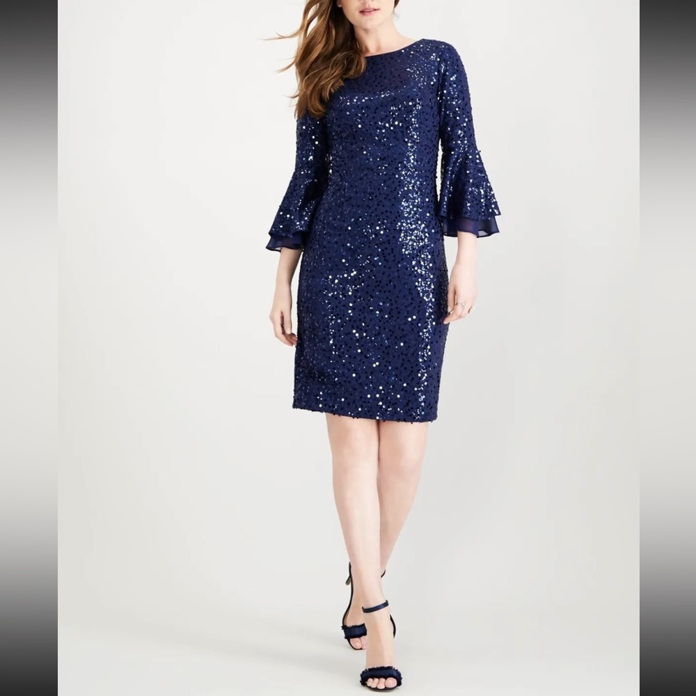 Women’s Formal Dress Size 10 SLNY Navy Bell Sleeve Allover Sequins Party Sheath